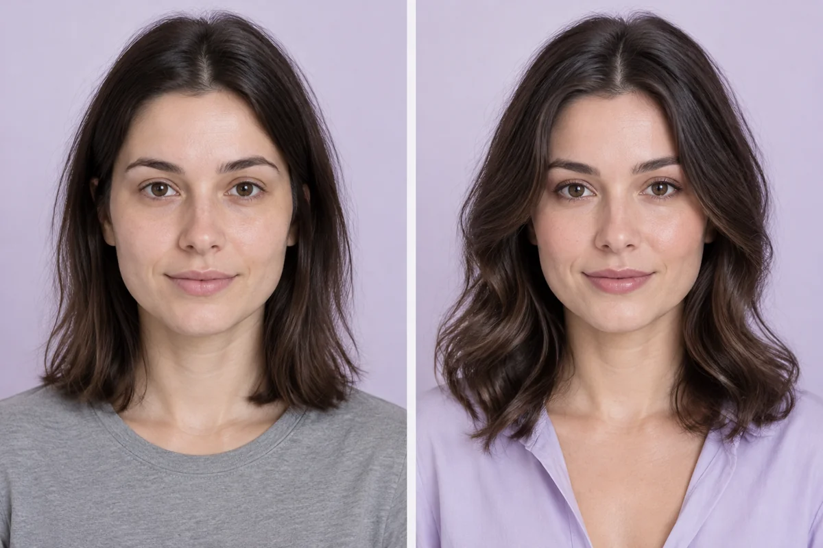 AI-generated example of a fictional person in a natural everyday style and a styled look with soft waves and a lavender blouse