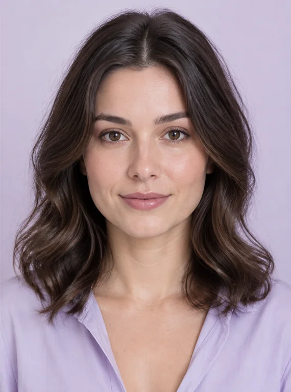 AI example of soft face-framing waves, subtle makeup and lavender clothing