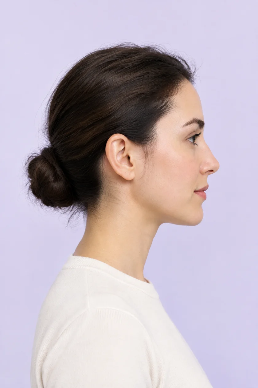 AI-generated adult woman in a right-facing side profile with the forehead, nose, lips and chin visible